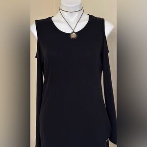 Calvin Klein Black Long Sleeve Cold Shoulder T Shirt Gold Metal Brand Mark Sz M